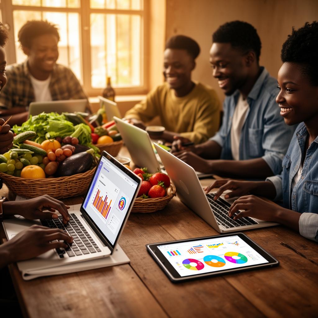 Young African entrepreneurs collaborating with data dashboards