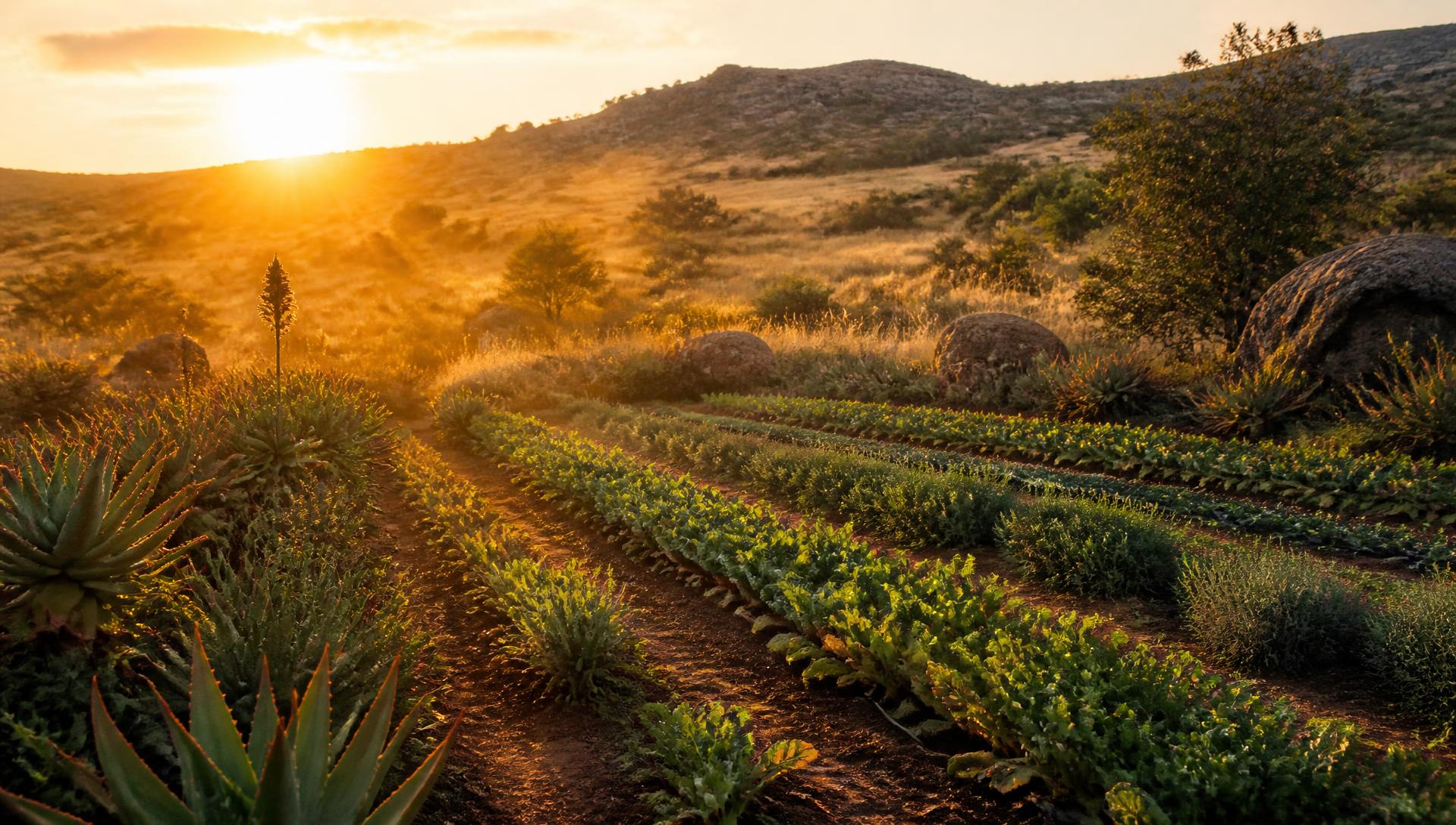 Regenerative vegetable beds and indigenous aloes at golden hour in the Cradle of Humankind