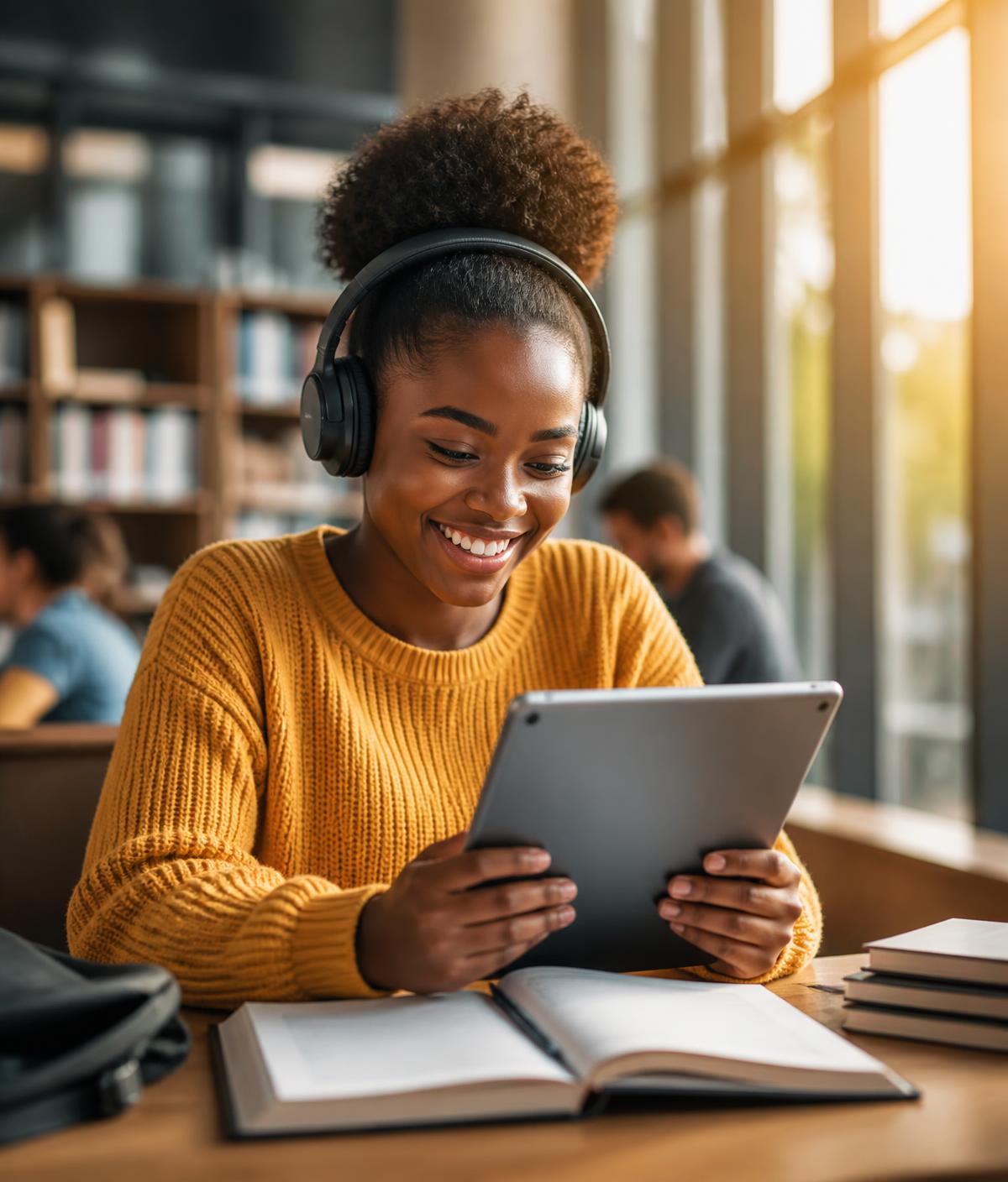 Young African learner on a tablet with headphones in a community classroom