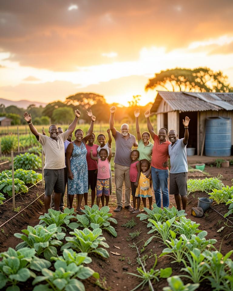 Community celebrating together in a flourishing garden at sunset