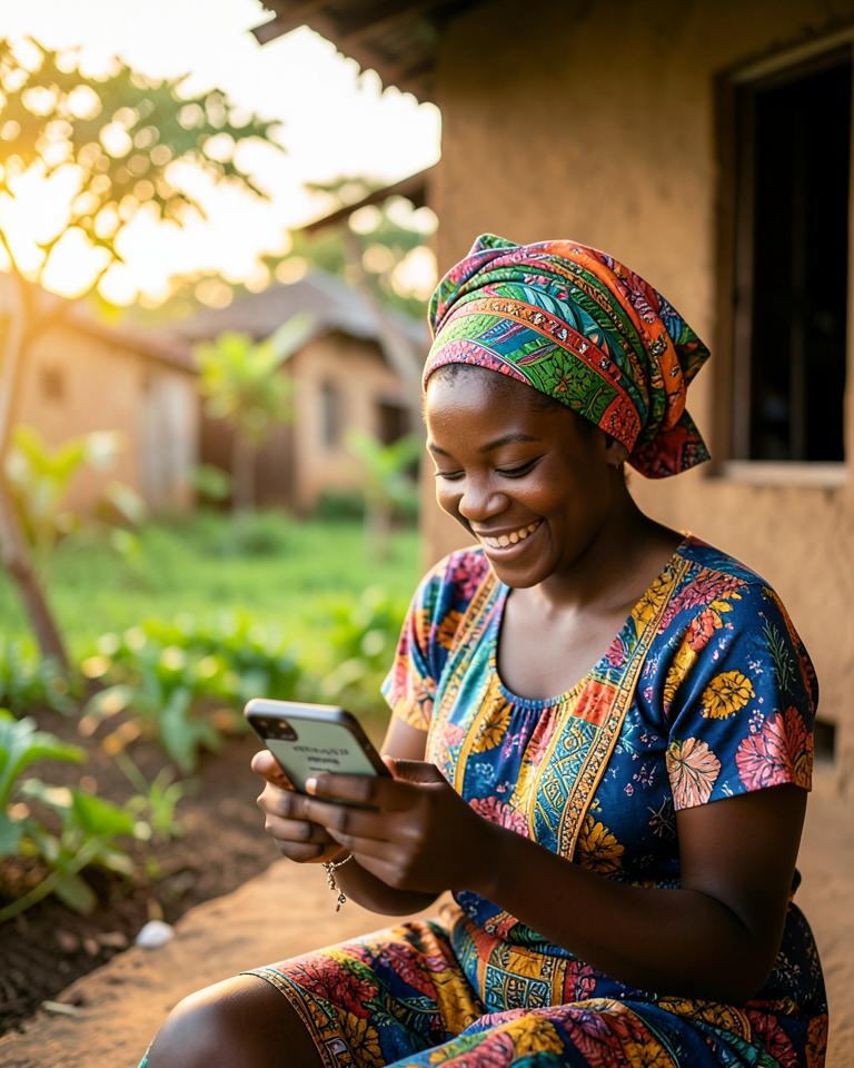 Woman smiling while completing a self-discovery quiz on her phone outside her home