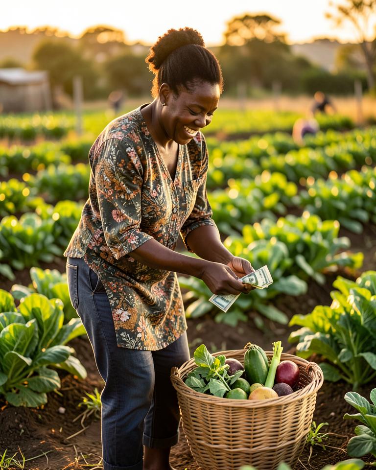 Farmer counting harvest earnings beside a basket of fresh vegetables